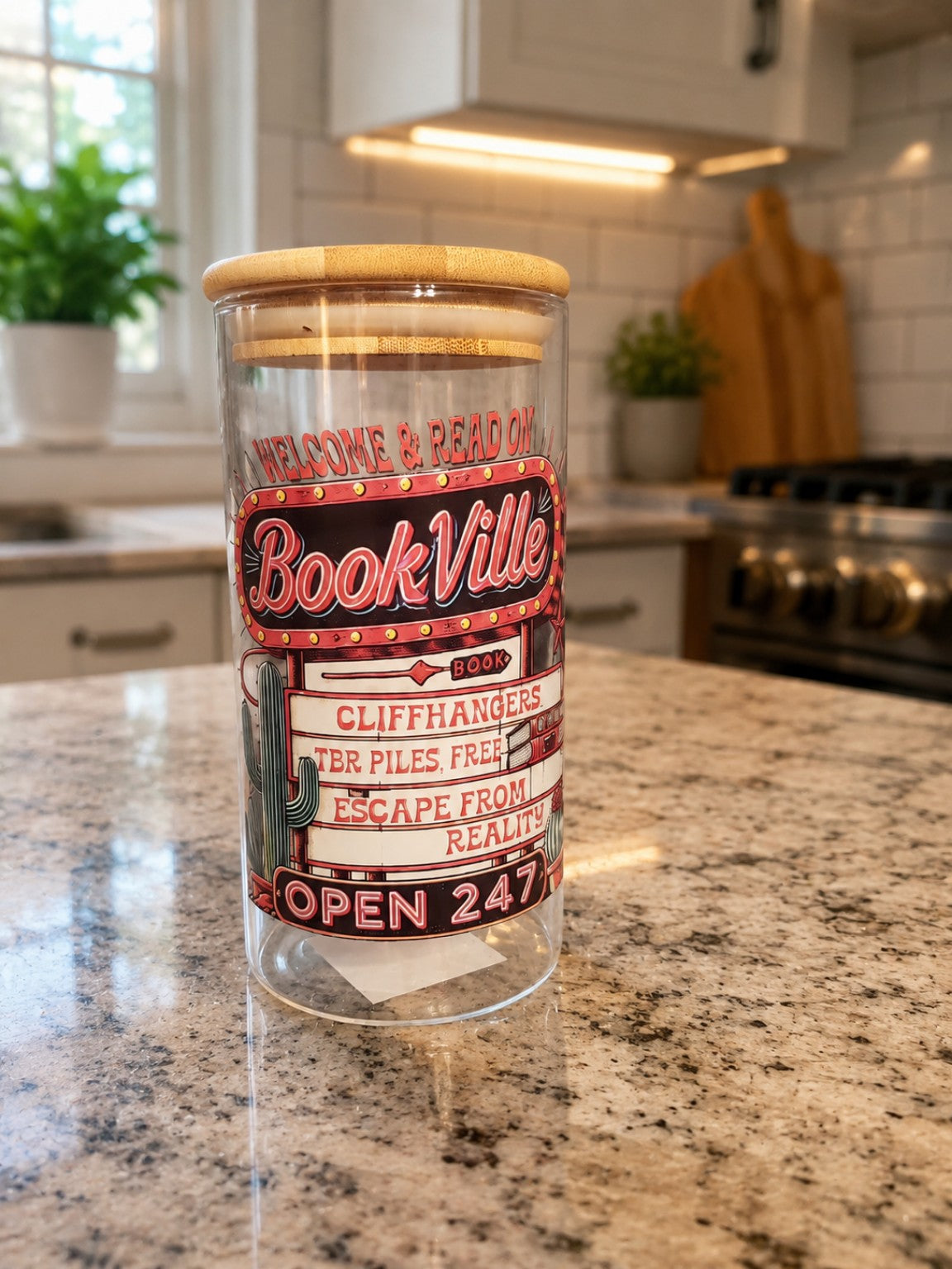 Welcome to BookVille 16 oz Glass Can Tumbler | Book Lover Reader Cup photo 1