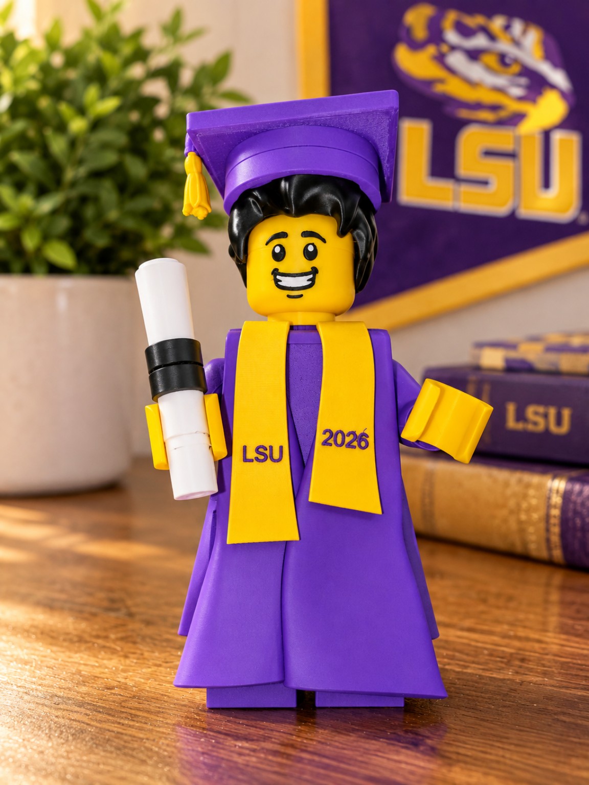 Custom purple and gold 3D printed graduation Brickman wearing cap and gown with diploma
