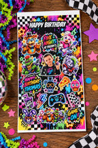 Custom birthday party favor sticker sheet with themed graphics and personalized photo