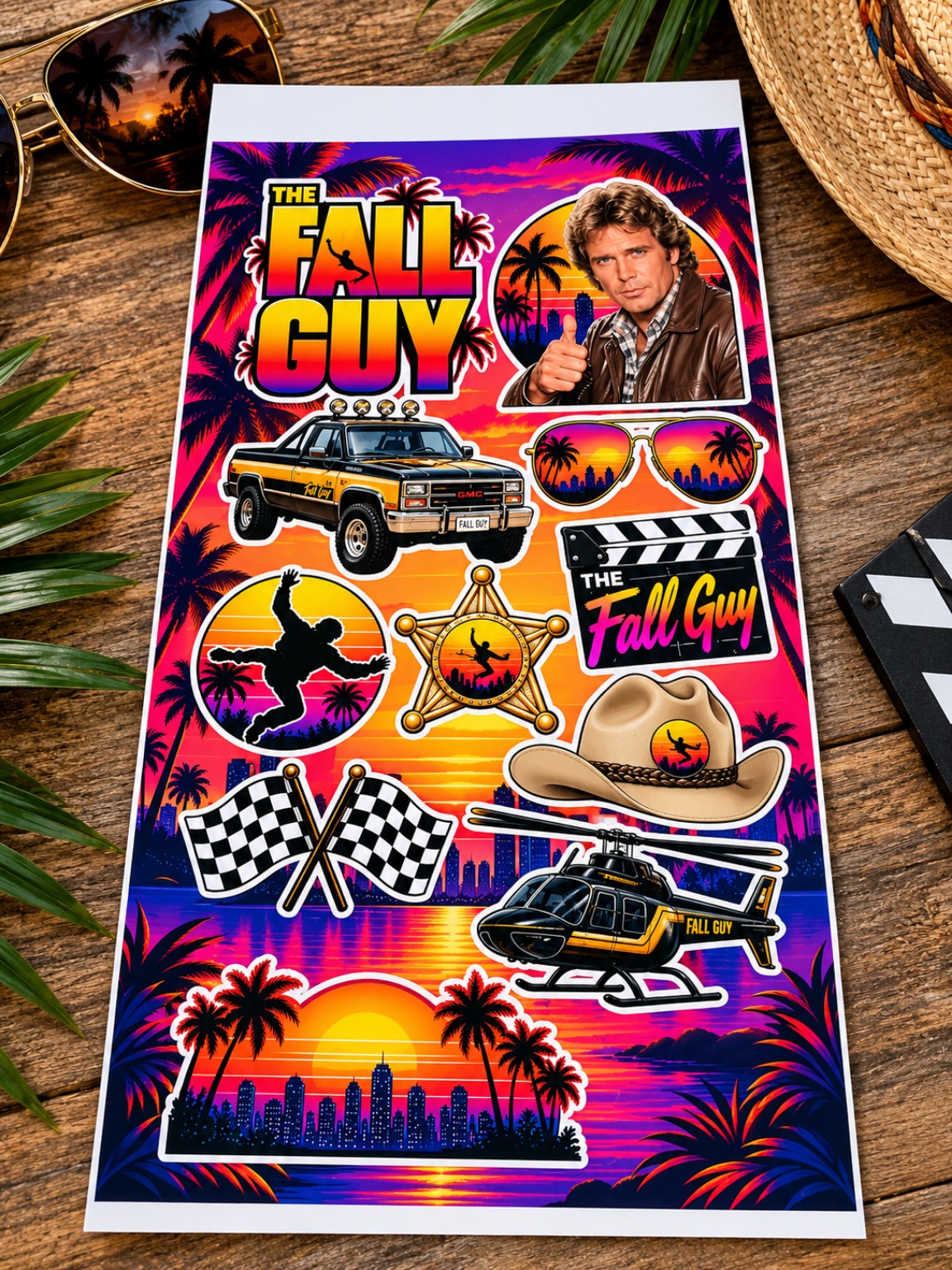 Retro television themed custom sticker sheet with sunset colors and action graphics