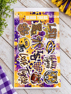 Purple and gold school spirit sticker sheet with tiger and football themed graphics