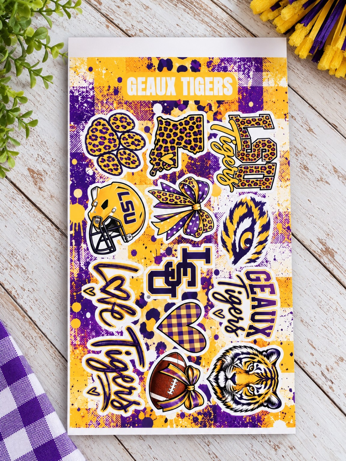 Purple and gold school spirit sticker sheet with tiger and football themed graphics