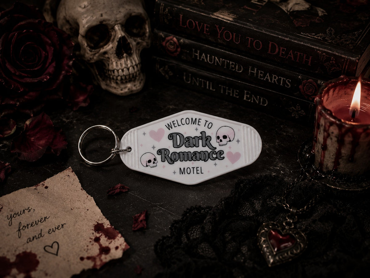 3D printed Welcome to Dark Romance Motel book trope keychain
