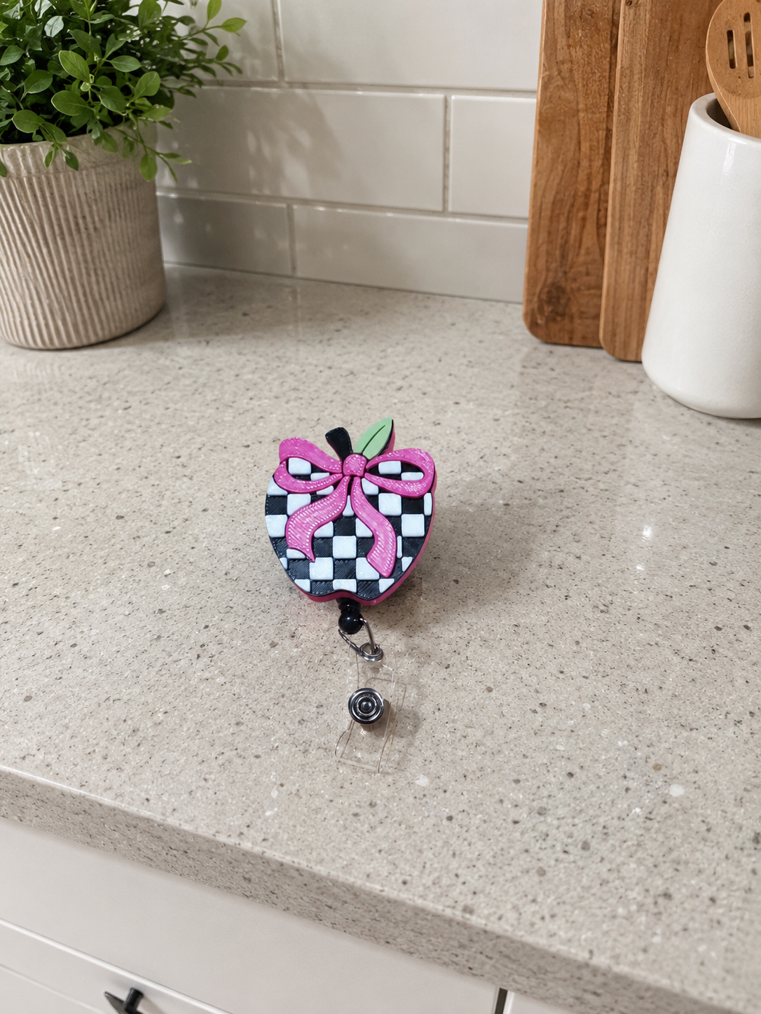Pink Bow Checkered 3D Printed Badge Reel product photo