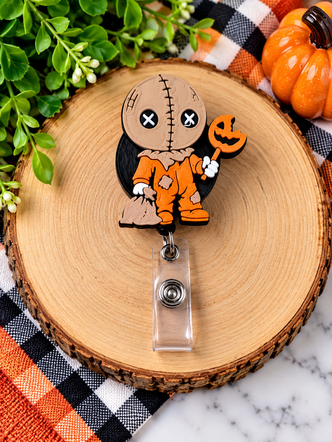 Stitched Pumpkin Halloween 3D Printed Badge Reel product photo