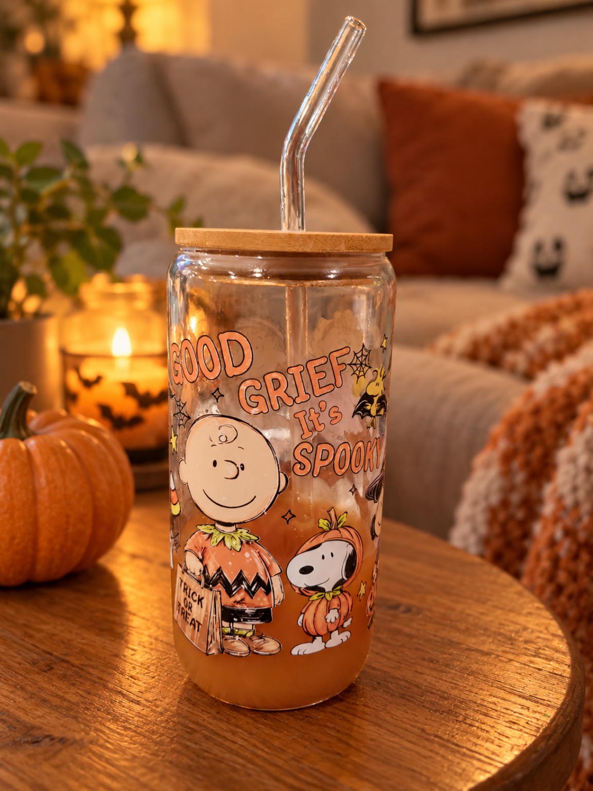 Good Grief It's Spooky Halloween 16 oz glass can tumbler with pumpkin characters, bamboo lid and glass straw pictured