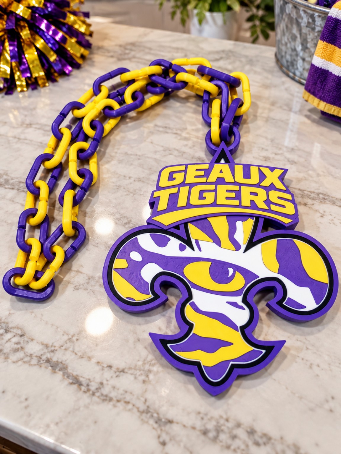 Geaux Tigers purple and gold fleur-de-lis 3D printed hype chain