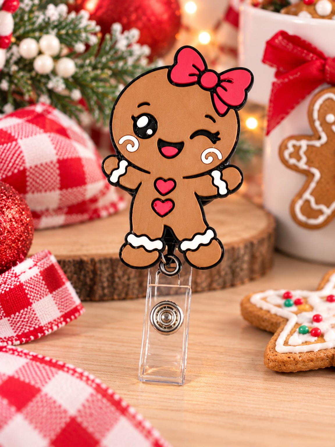 Gingerbread girl Christmas badge reel holiday product photo
