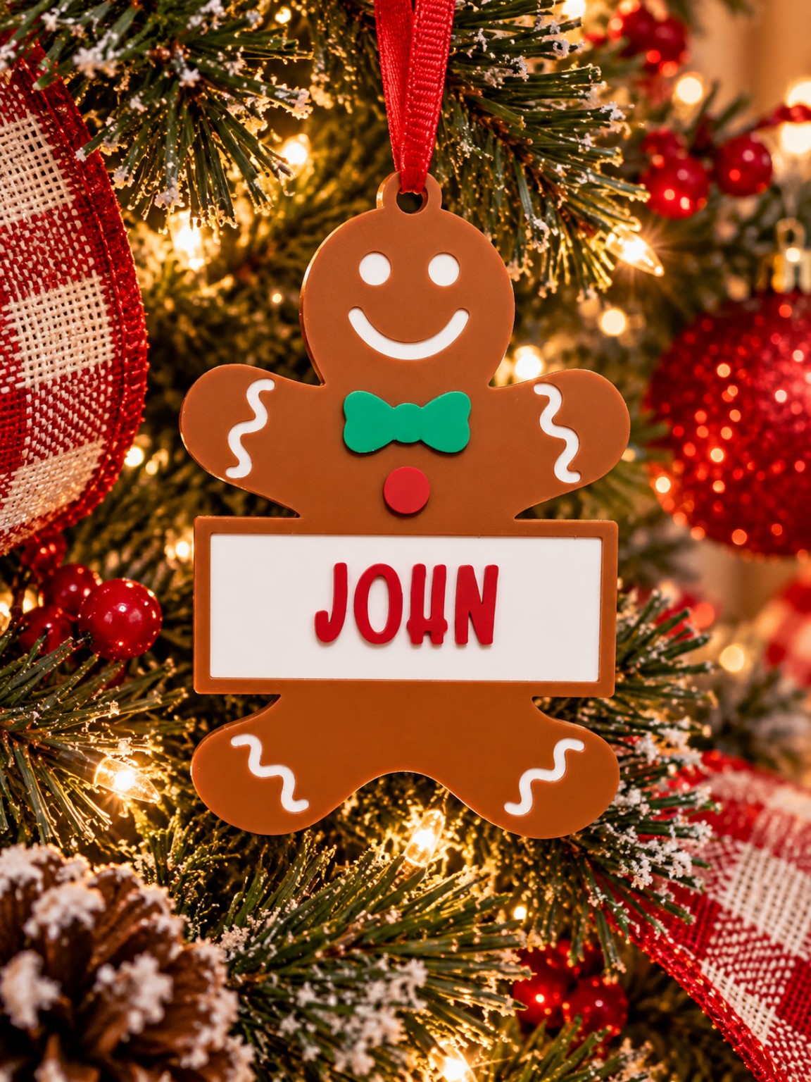 Personalized 3D printed gingerbread man Christmas ornament hanging on tree with name John