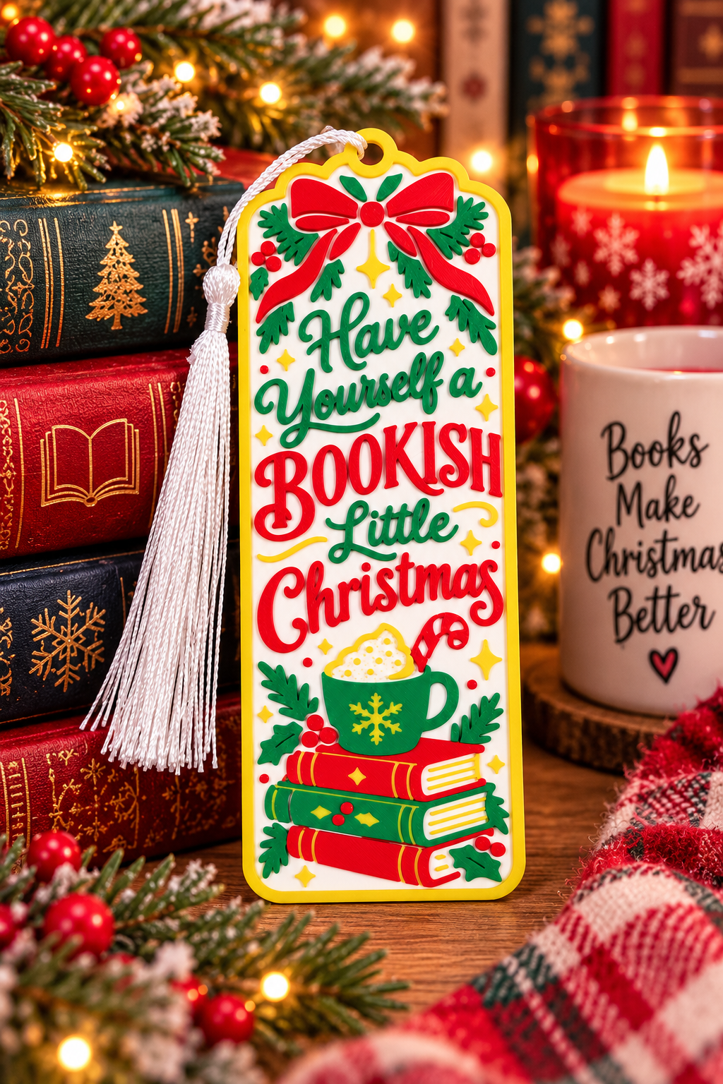 Have Yourself a Bookish Little Christmas 3D printed bookmark with white tassel