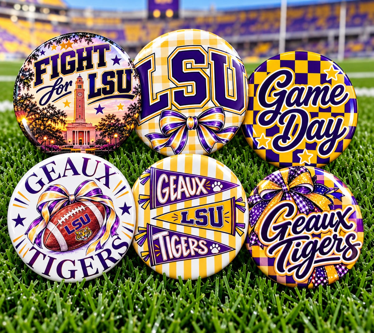 Six LSU game day button designs in purple and gold