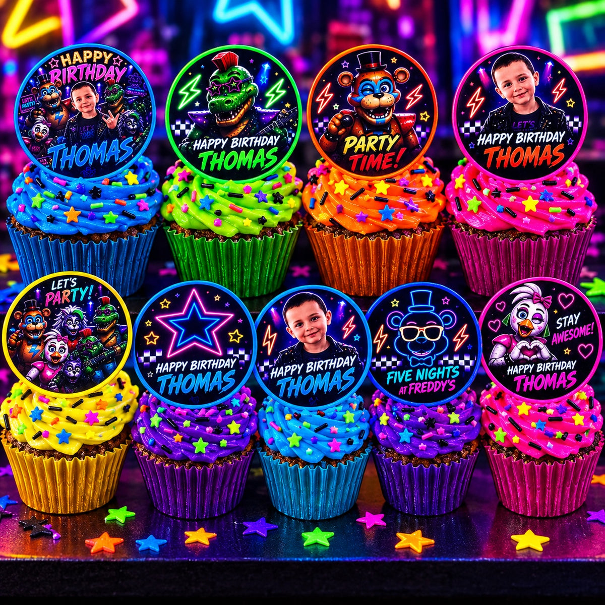 Example of circular personalized birthday cupcake toppers in assorted colorful themes