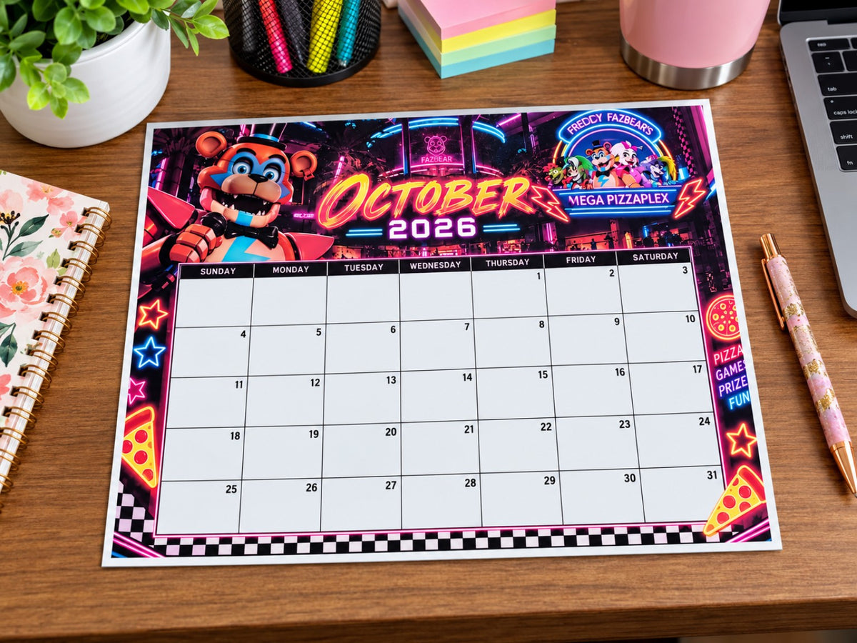 Flat themed desktop calendar sample on a desk