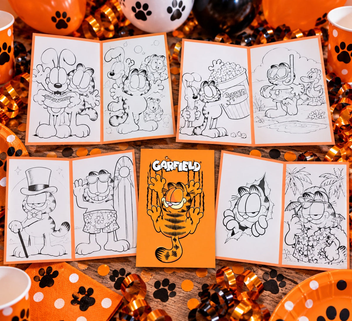 Example of folded mini coloring book party favors with an orange cat themed cover and coloring pages