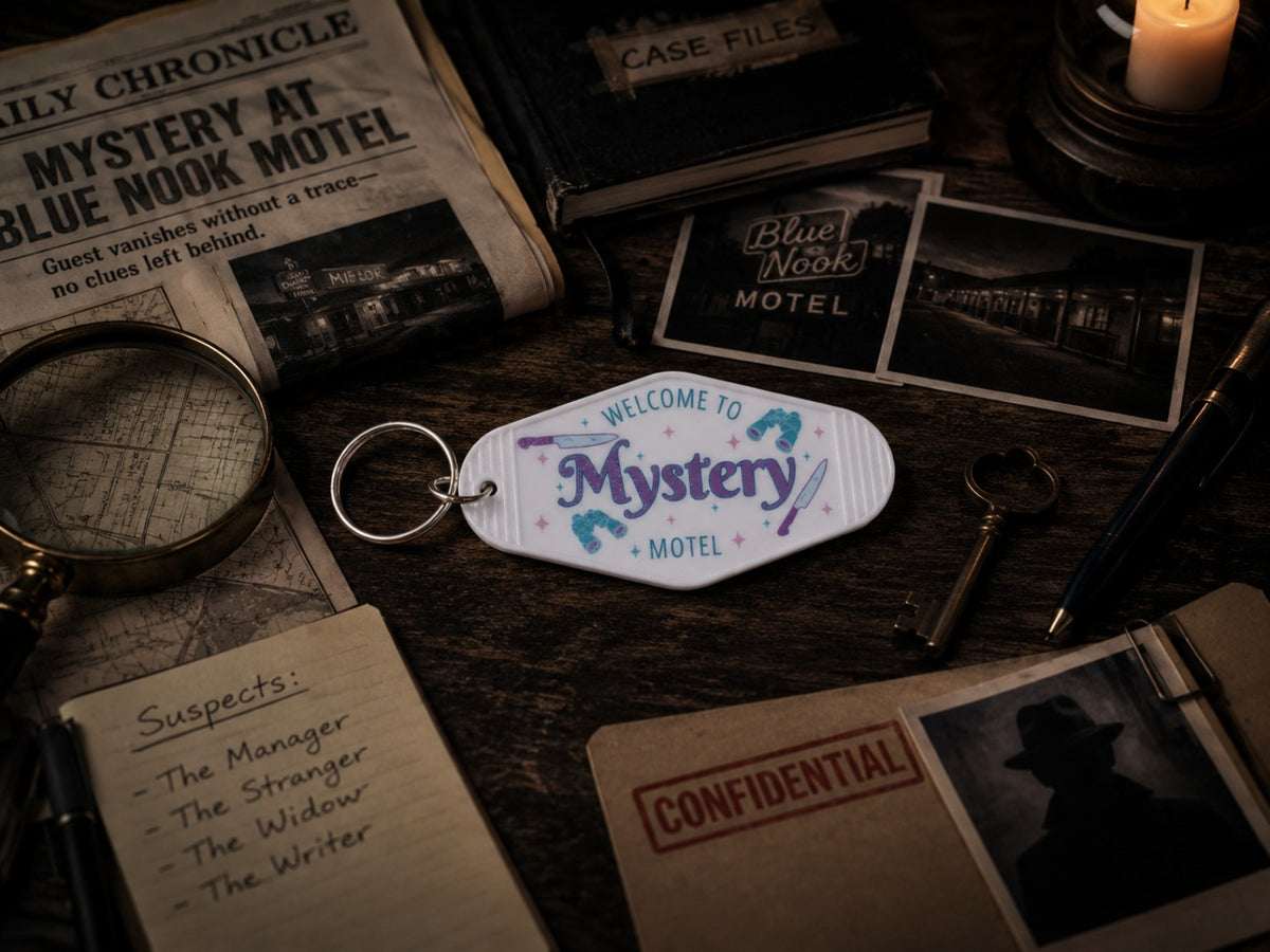 3D printed Welcome to Mystery Motel book trope keychain