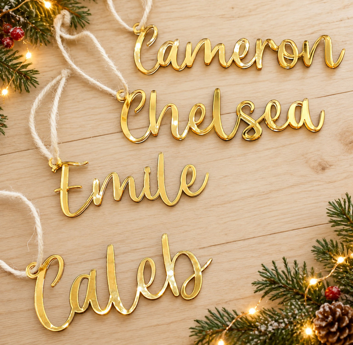 Gold script acrylic personalized stocking name tags on wooden Christmas background