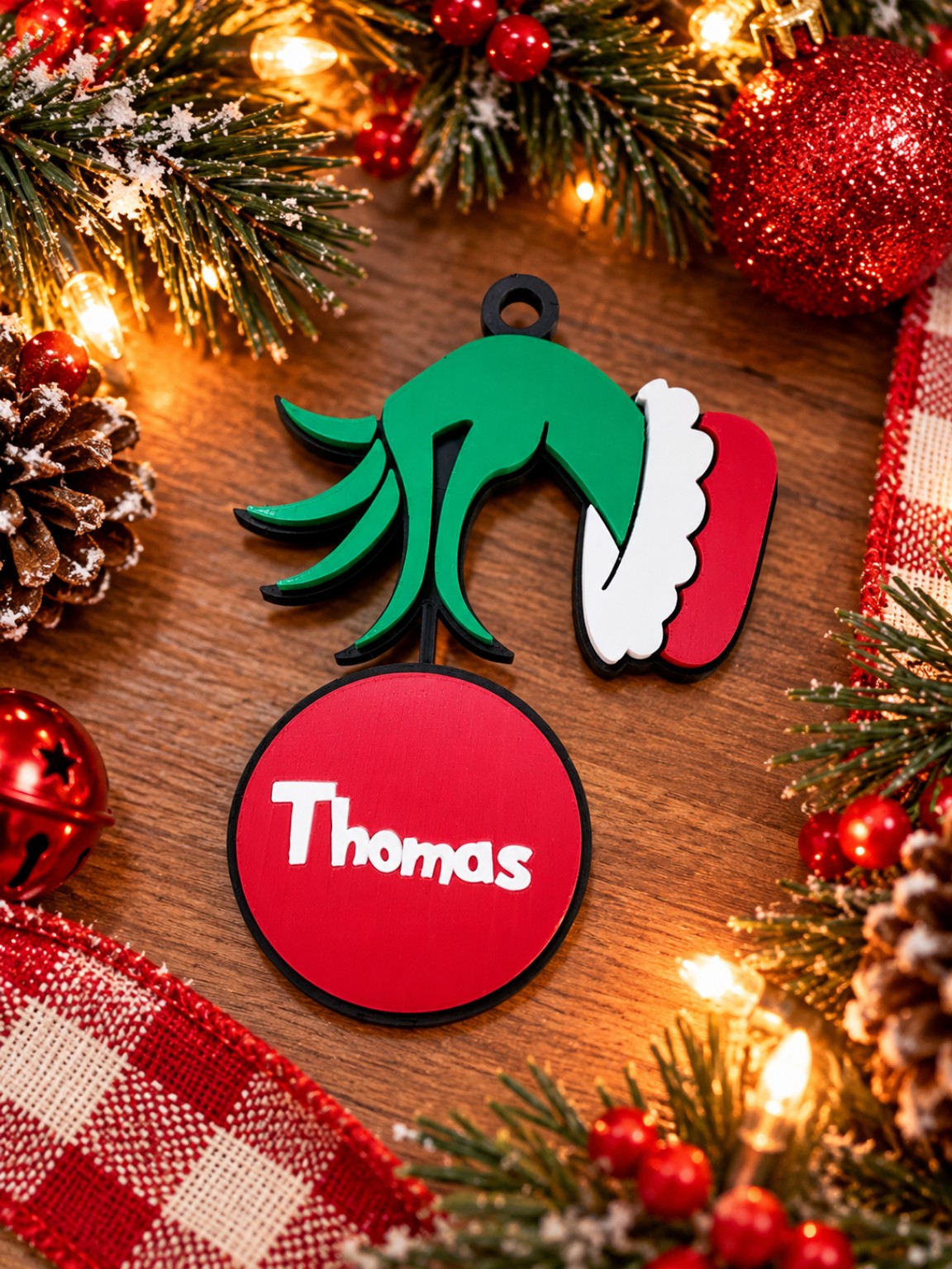 Personalized 5 inch ornament flat lay with name Thomas