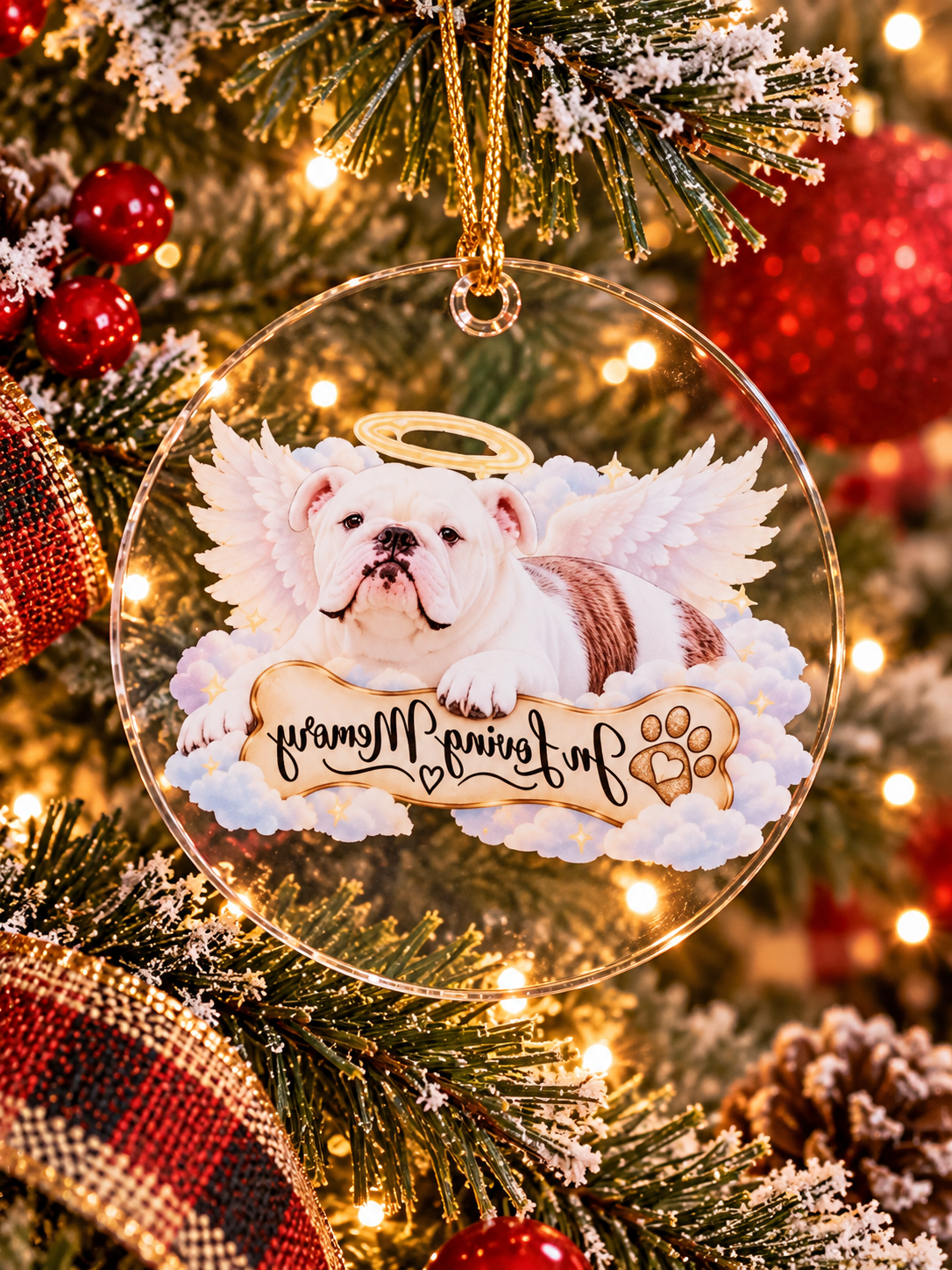 Alternative view of custom clear acrylic pet memorial Christmas ornament