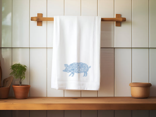 Rustic Country Embroidered Pig Flour Sack Towel