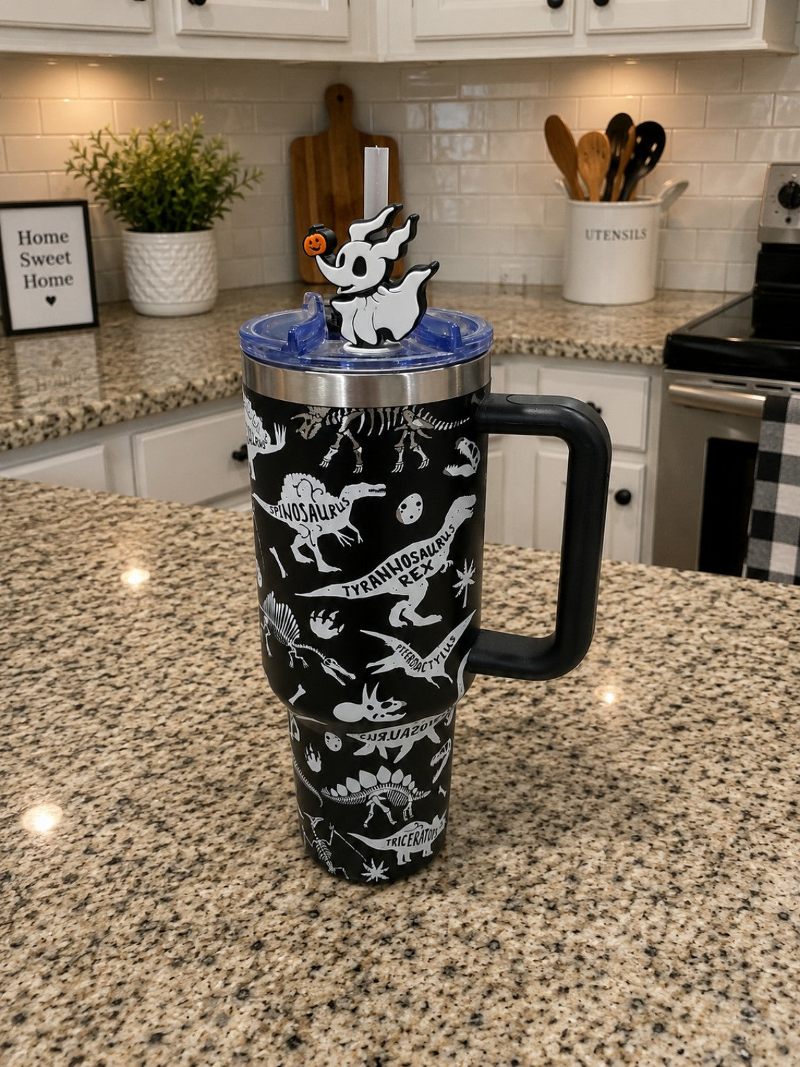 Ghost Dog 3D printed straw topper shown on tumbler; tumbler not included