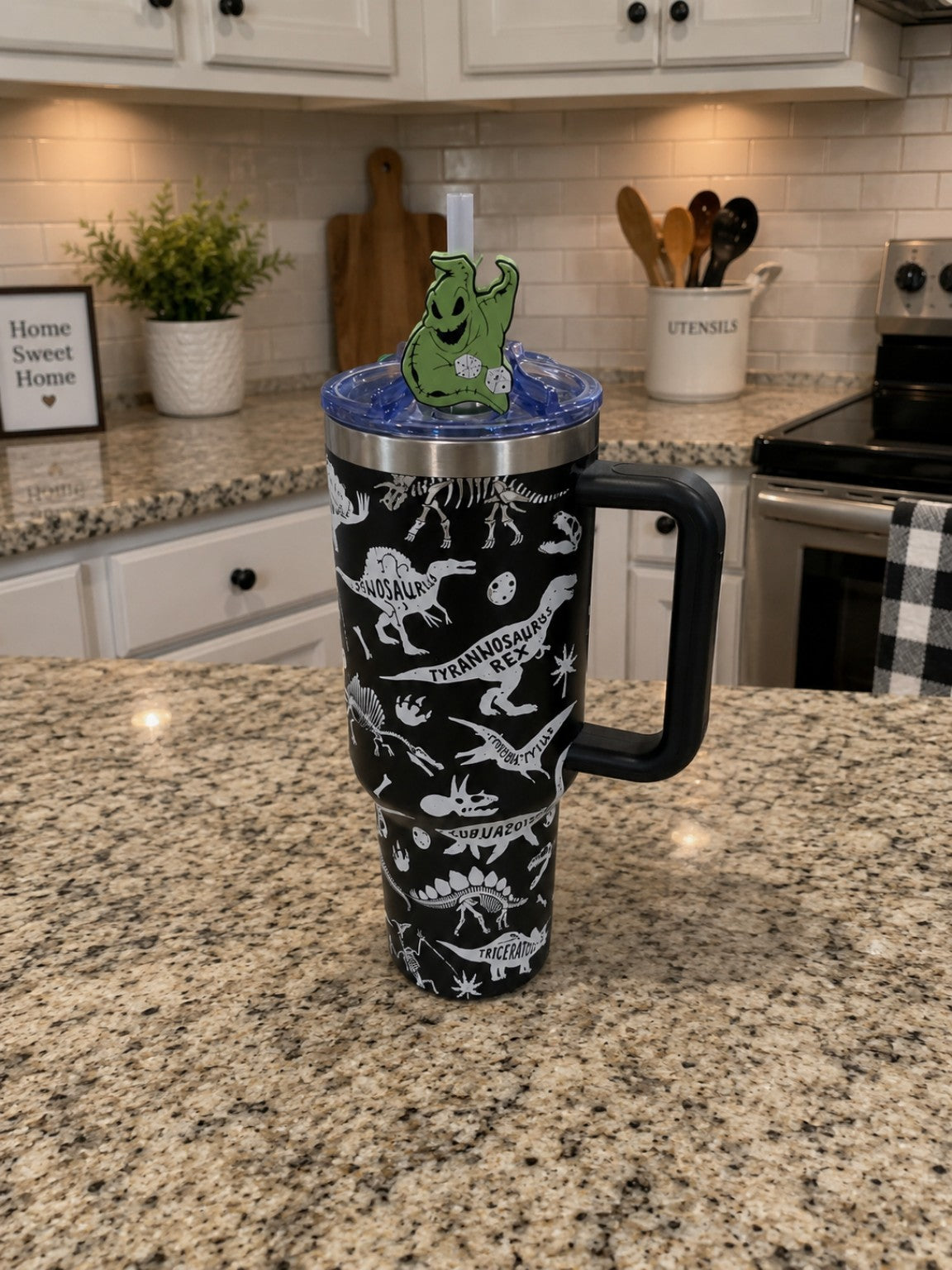 Green Halloween Character 3D printed straw topper shown on tumbler; tumbler not included