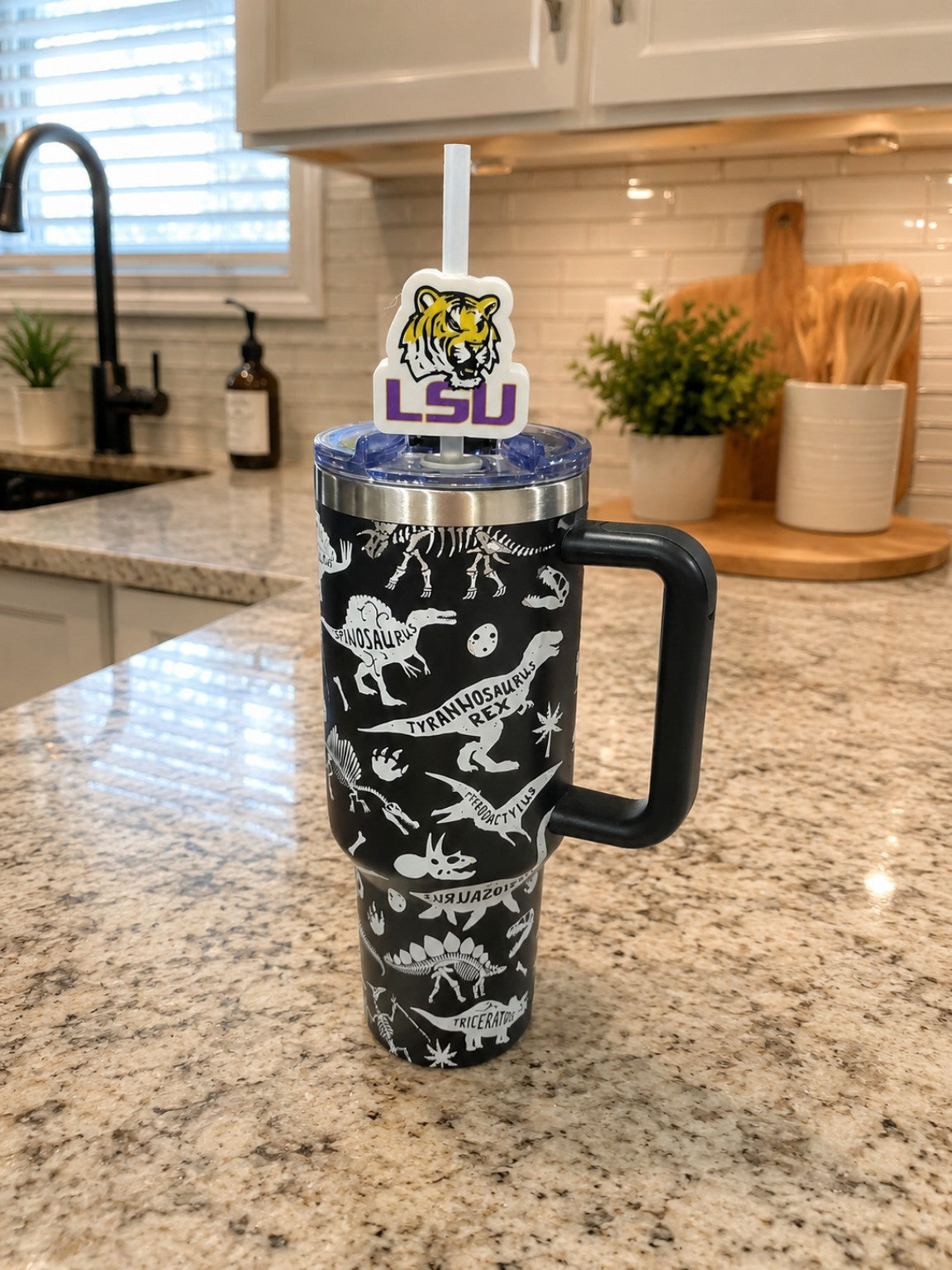 LSU Tiger Logo 3D printed straw topper shown on tumbler; tumbler not included