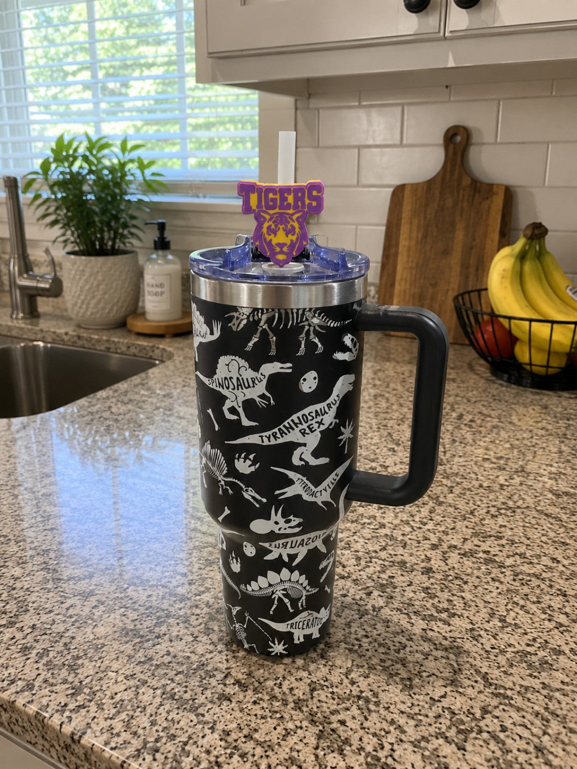 Tigers Mascot 3D printed straw topper shown on tumbler; tumbler not included