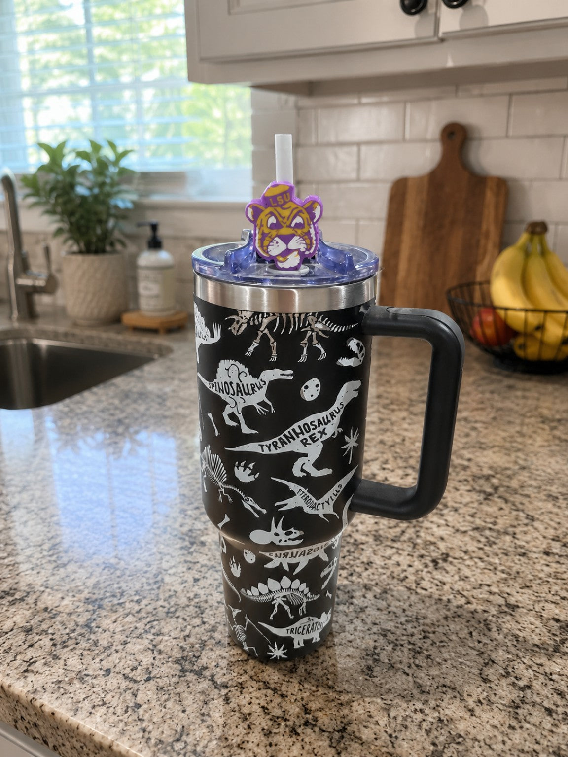 LSU Tiger Face 3D printed straw topper shown on tumbler; tumbler not included