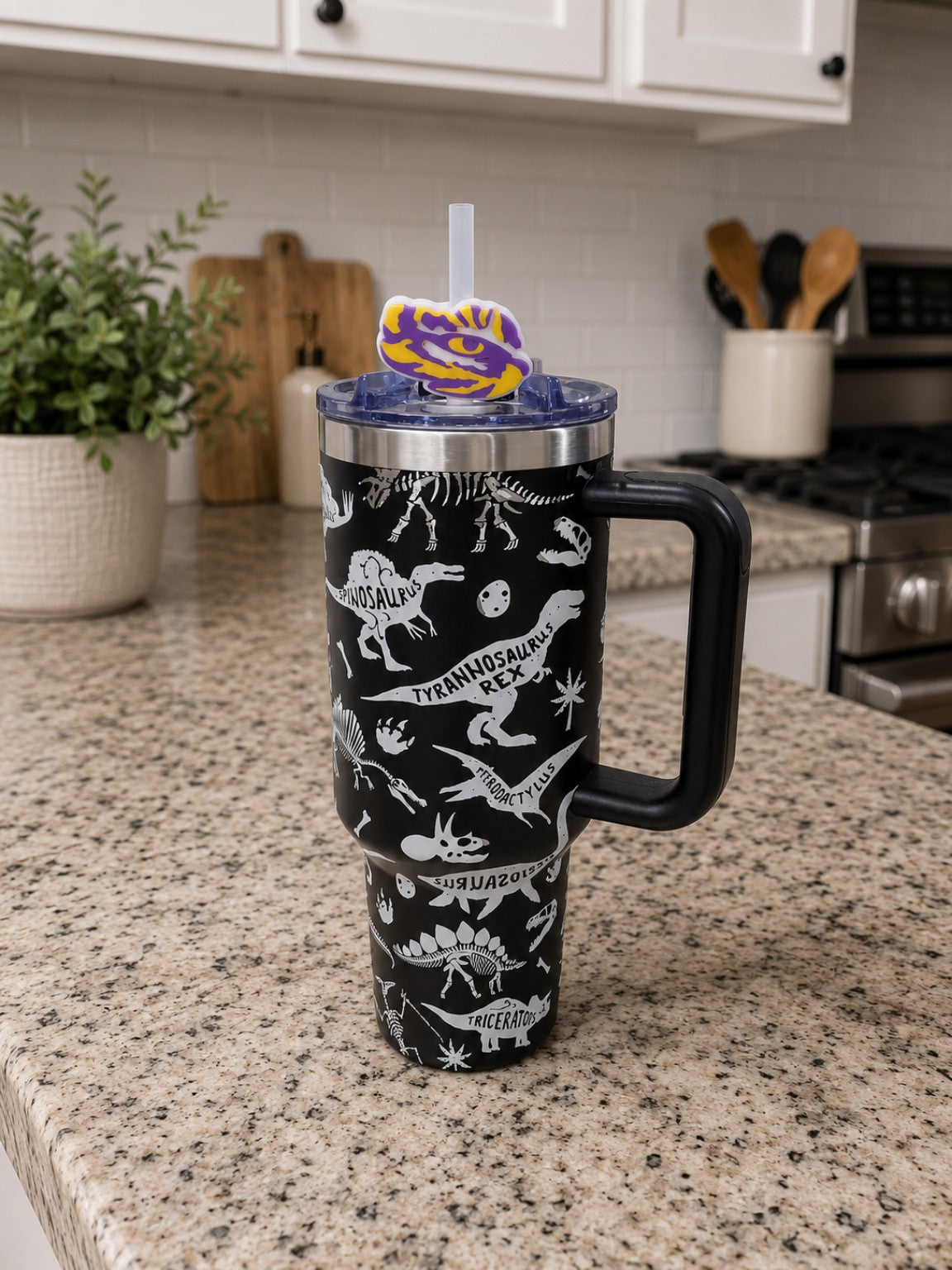 Tiger Eye 3D printed straw topper shown on tumbler; tumbler not included