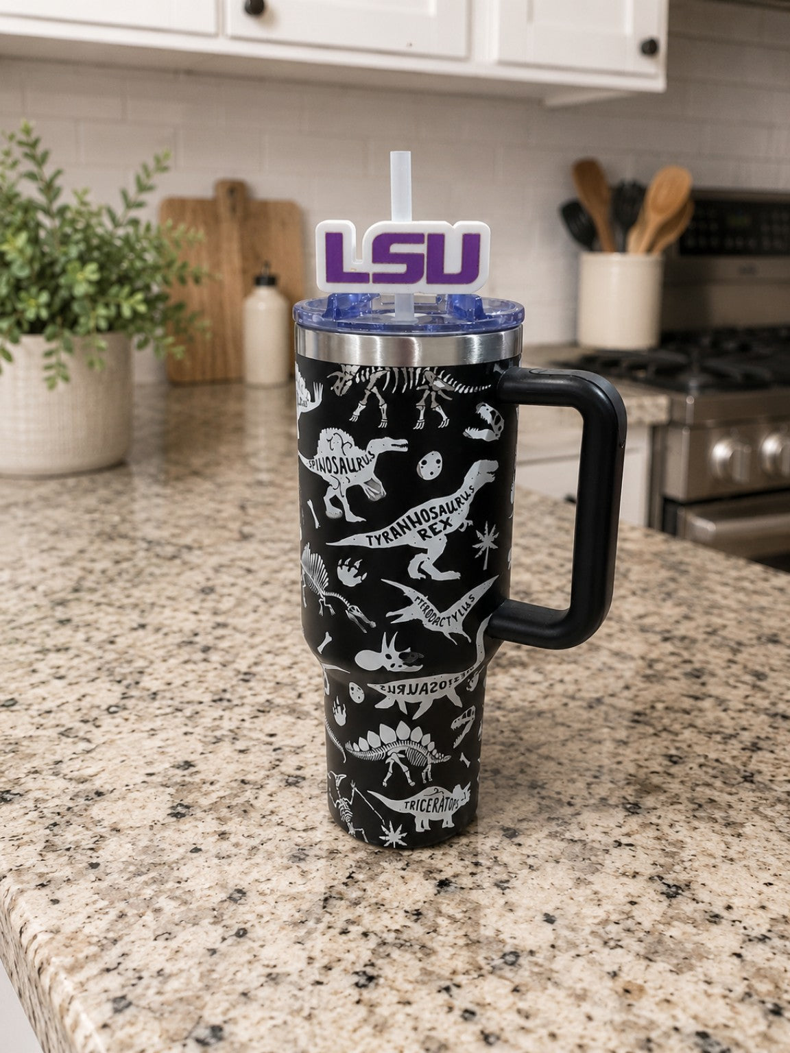LSU Letters 3D printed straw topper shown on tumbler; tumbler not included