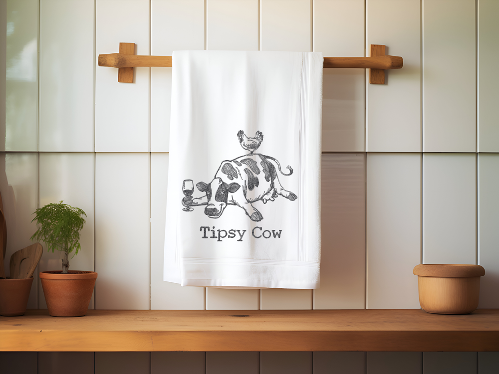 Tipsy Cow Embroidered Flour Sack Towel